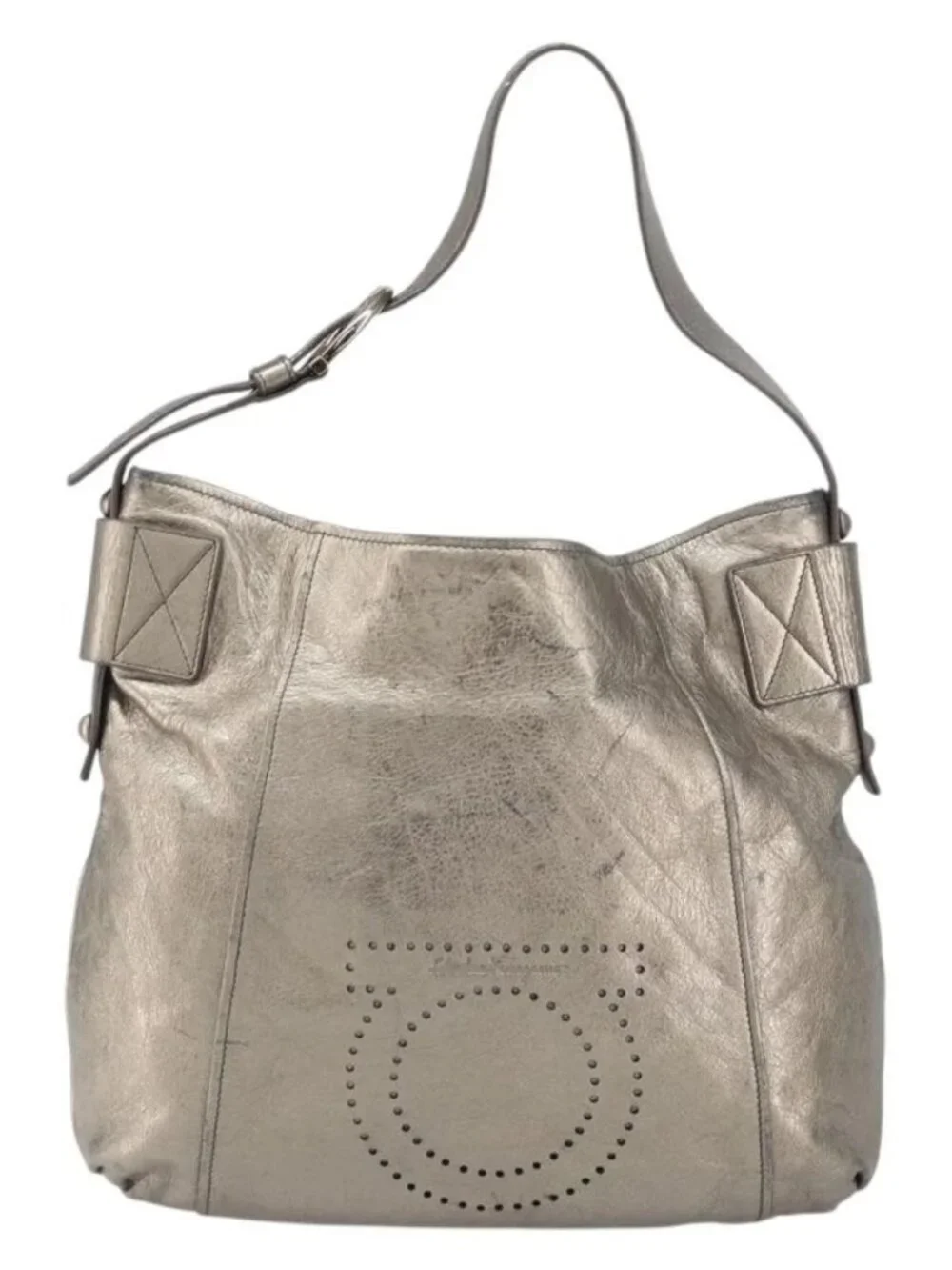 Salvatore Ferragamo Gancini Shoulder Bag Leather Gold Auth 166709